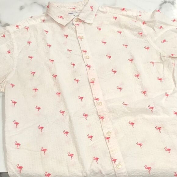 Denim & Flower Ricky Singh Cotton Flamingo Print Short Sleeve Button Up Sz. S - Picture 1 of 4